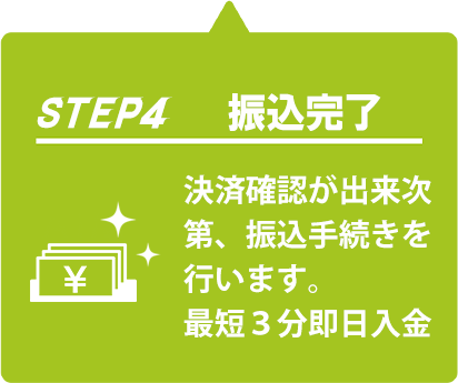 STEP4振込完了 決済確認が出来次第、振込手続きを行います。最短３分即日入金